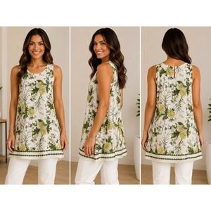 MAX STUDIO Boho M Chiffon Double Layer Floral Tunic Sleeveless Blouse Off White
